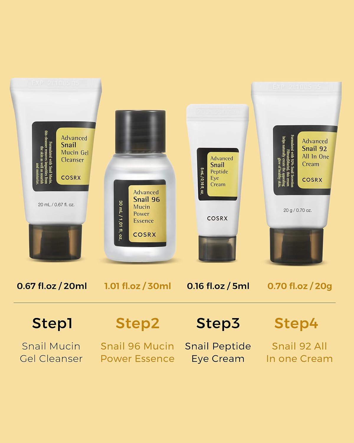 COSRX All About Snail Mucin Korean Skin Care Set, Mini Travel Essentials, Travel Size Gift Set with Snail Mucin Face Wash, Serum, Moisturizer & Eye Cream, Rejuvenating Kit